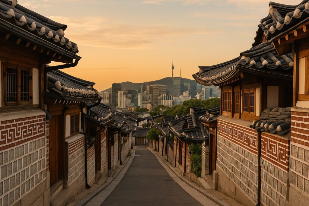 북촌 한옥마을 전경 한옥 골목과 서울 도심 풍경